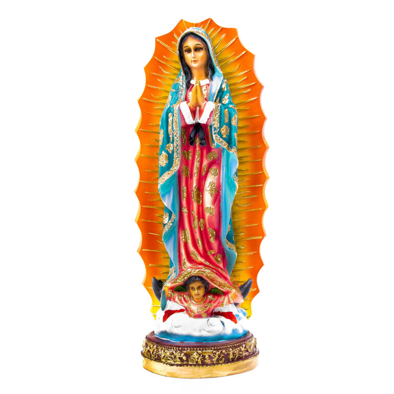 12 Virgen Guadalupe con manto con flores azul y dorado, «30 cm « San
