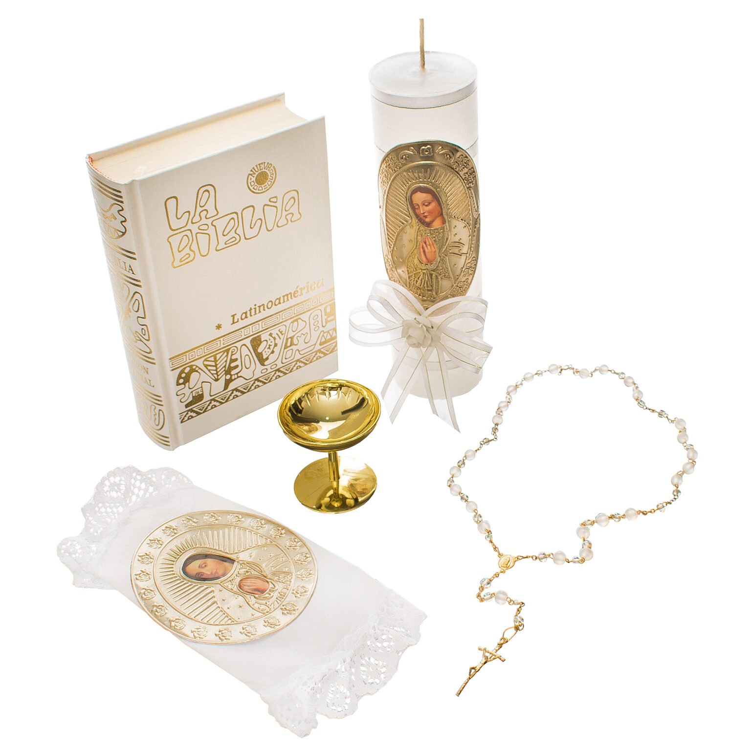 324 Juego Primera comunión con biblia blanca, imagen en repujado de